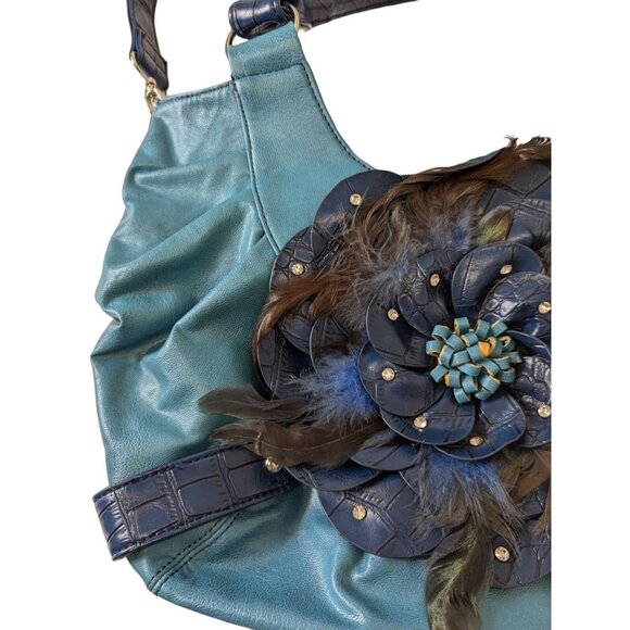 GG..ing Blue Flower with Feathers Crossbody Shoulder Bag Adjustable Faux Leather - Picture 6 of 16